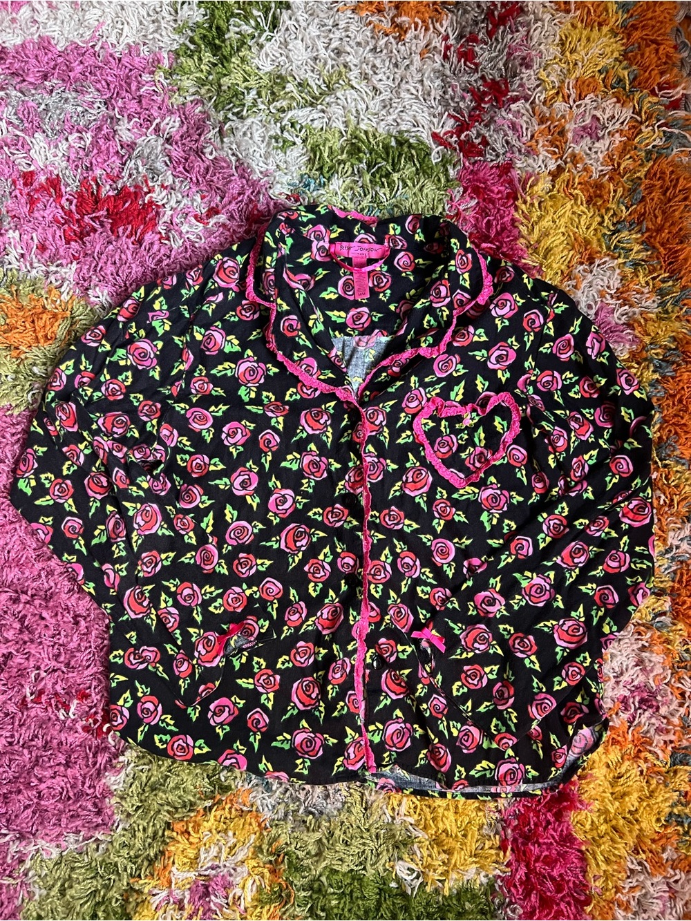 Betsey Johnson Black Pajama Top with Pink Rose Print
